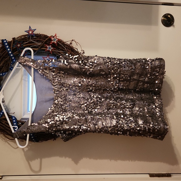 Tops - Gray sequined tank, soft material on back, no tags, but I believe it is medium.